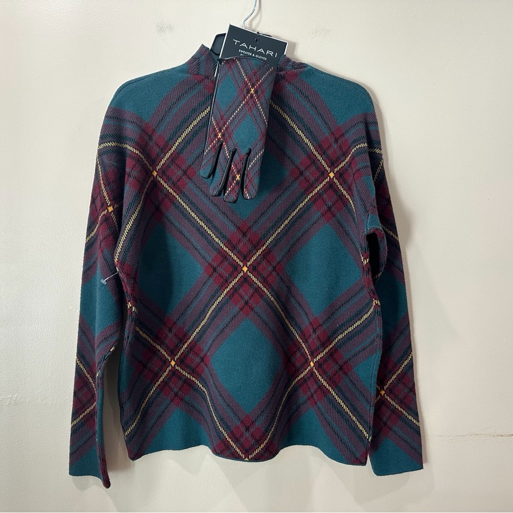 TAHARI WOMEN'S MOCK NECK Red Green Knit SWEATER & GLOVES SET women Medium New